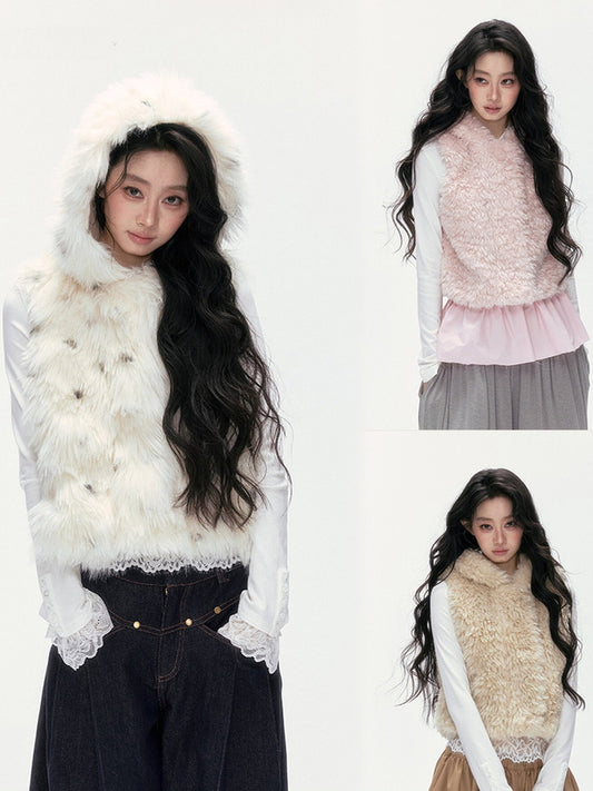 24olvides - Winter Mood Faux Fur Hooded Vest (Pink / Khaki / Cream White with Polka Dots)