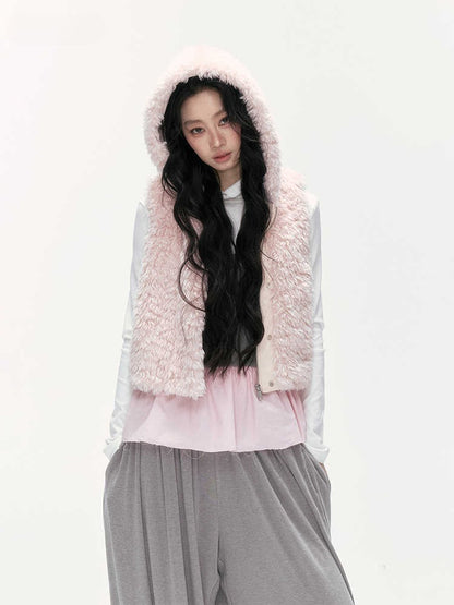 24olvides - Winter Mood Faux Fur Hooded Vest (Pink / Khaki / Cream White with Polka Dots)