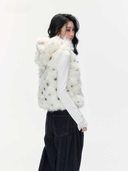 24olvides - Winter Mood Faux Fur Hooded Vest (Pink / Khaki / Cream White with Polka Dots)