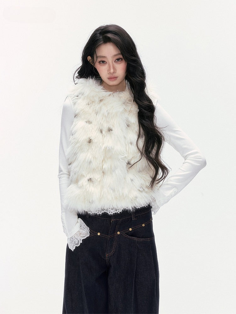 24olvides - Winter Mood Faux Fur Hooded Vest (Pink / Khaki / Cream White with Polka Dots)