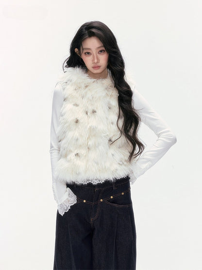 24olvides - Winter Mood Faux Fur Hooded Vest (Pink / Khaki / Cream White with Polka Dots)