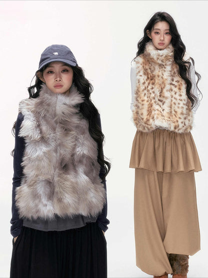 24olvides - Faux Fur Vest with Stand Collar and Toggle Closures (Creamy Leopard Print / Blue-Gray)