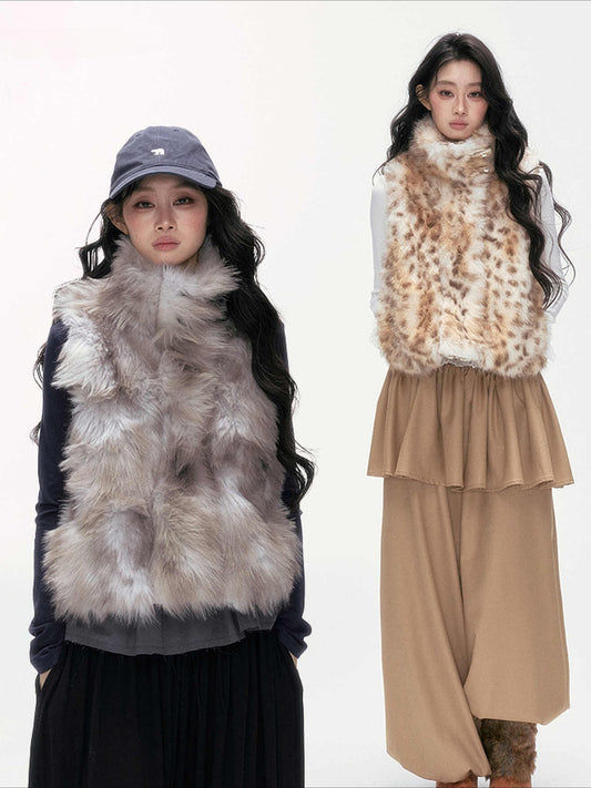 24olvides - Faux Fur Vest with Stand Collar and Toggle Closures (Creamy Leopard Print / Blue-Gray)