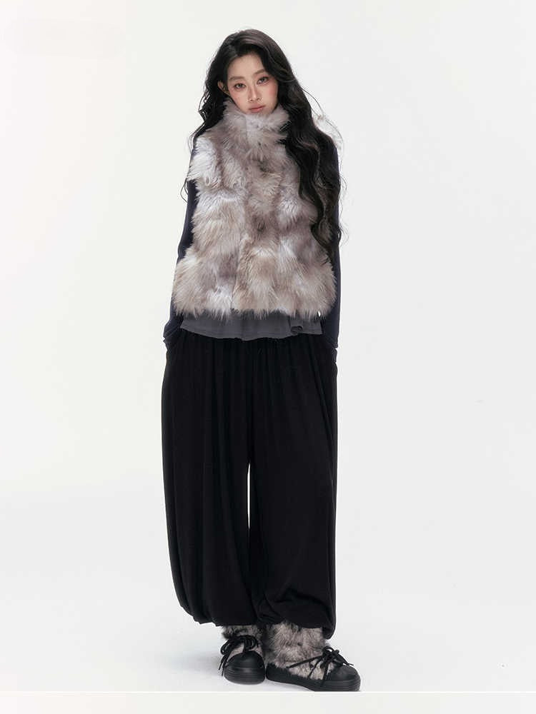 24olvides - Faux Fur Vest with Stand Collar and Toggle Closures (Creamy Leopard Print / Blue-Gray)