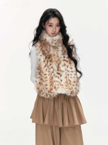 24olvides - Faux Fur Vest with Stand Collar and Toggle Closures (Creamy Leopard Print / Blue-Gray)