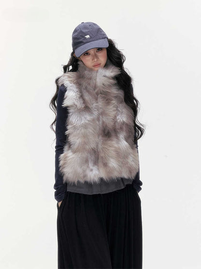 24olvides - Faux Fur Vest with Stand Collar and Toggle Closures (Creamy Leopard Print / Blue-Gray)