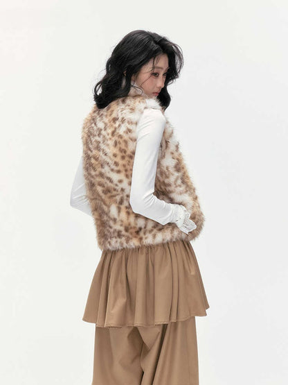 24olvides - Faux Fur Vest with Stand Collar and Toggle Closures (Creamy Leopard Print / Blue-Gray)