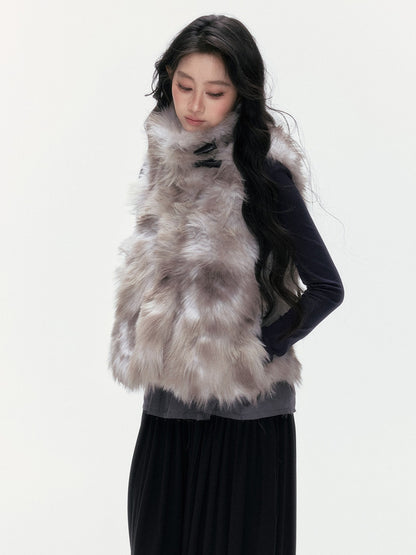 24olvides - Faux Fur Vest with Stand Collar and Toggle Closures (Creamy Leopard Print / Blue-Gray)