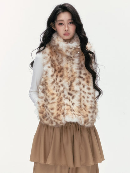24olvides - Faux Fur Vest with Stand Collar and Toggle Closures (Creamy Leopard Print / Blue-Gray)