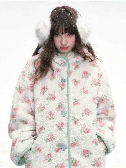 CANSTORE - Pink Floral Sherpa Hooded Jacket with Quilted Padding
