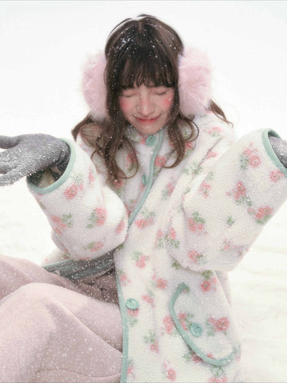 CANSTORE - Pink Floral Sherpa Hooded Jacket with Quilted Padding