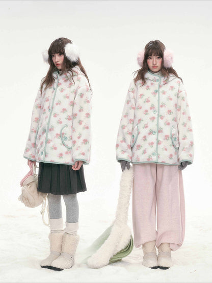 CANSTORE - Pink Floral Sherpa Hooded Jacket with Quilted Padding