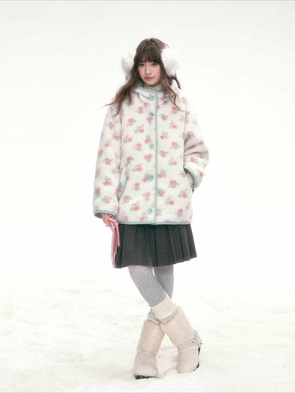 CANSTORE - Pink Floral Sherpa Hooded Jacket with Quilted Padding