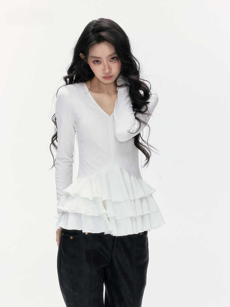 24olvides - V-Neck Lace Top with Tiered Hem (White / Khaki)