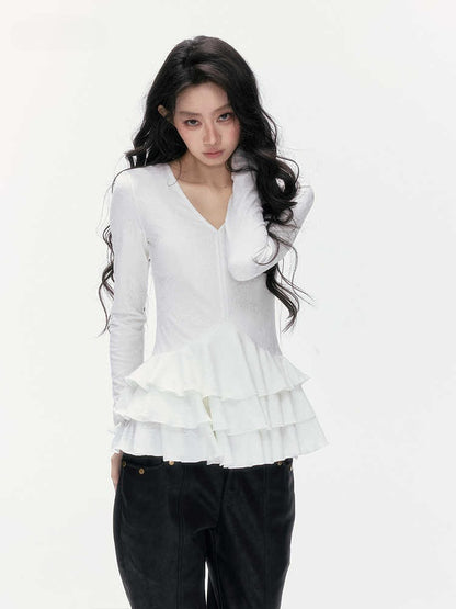 24olvides - V-Neck Lace Top with Tiered Hem (White / Khaki)