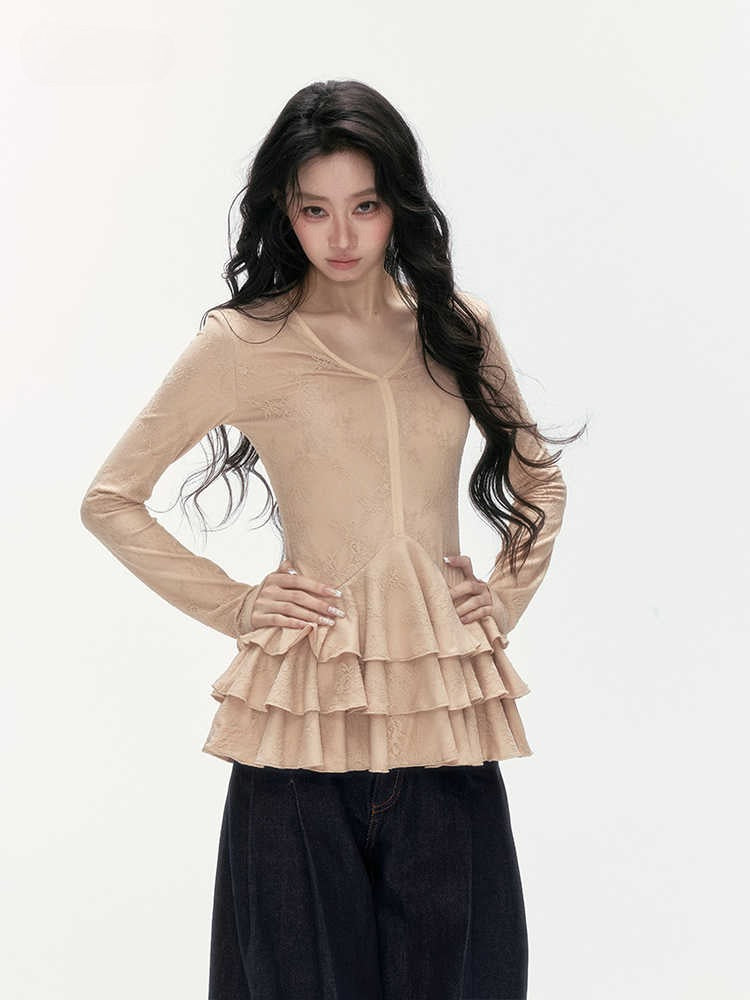 24olvides - V-Neck Lace Top with Tiered Hem (White / Khaki)