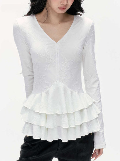 24olvides - V-Neck Lace Top with Tiered Hem (White / Khaki)