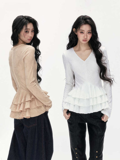 24olvides - V-Neck Lace Top with Tiered Hem (White / Khaki)