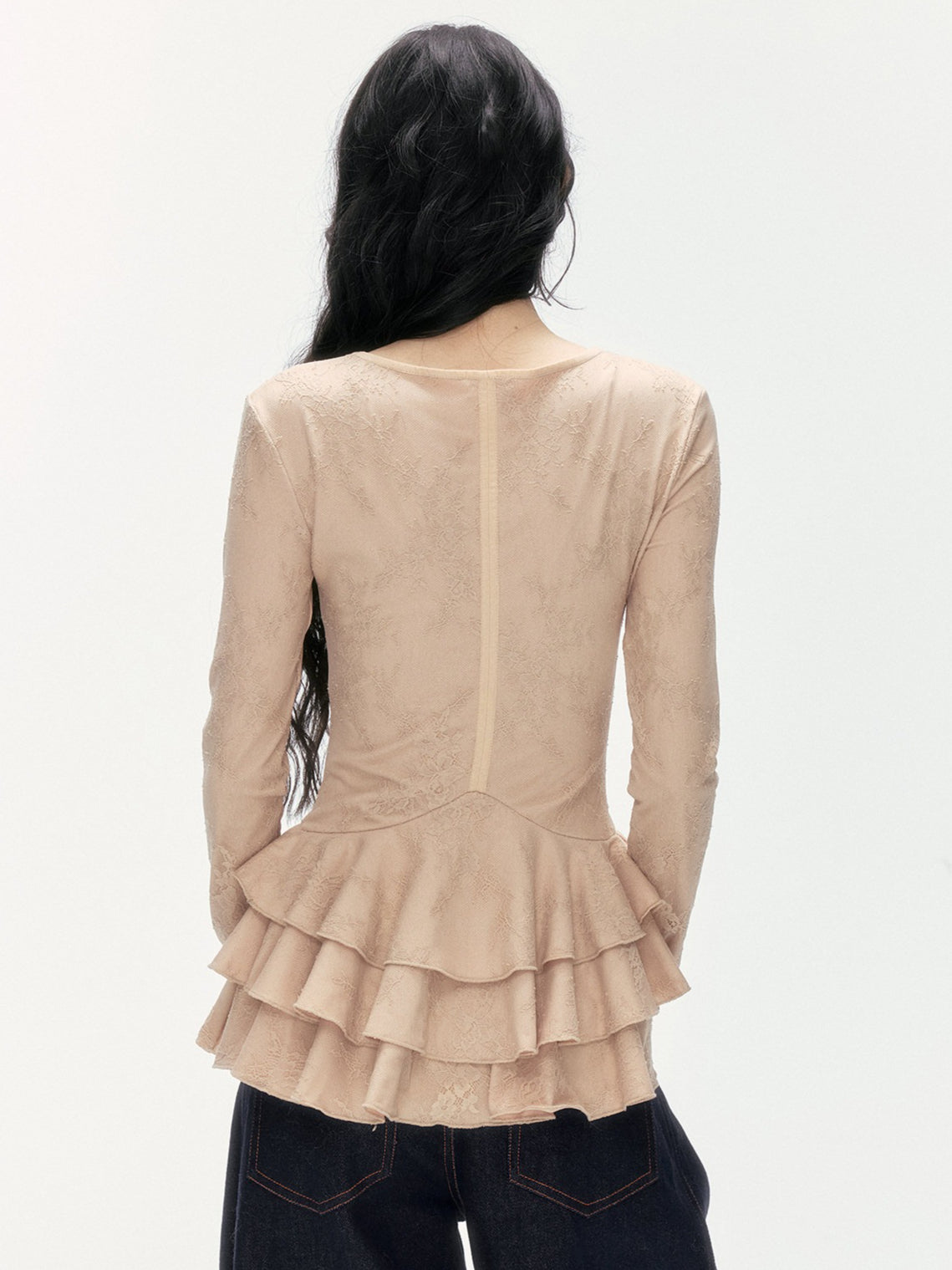 24olvides - V-Neck Lace Top with Tiered Hem (White / Khaki)