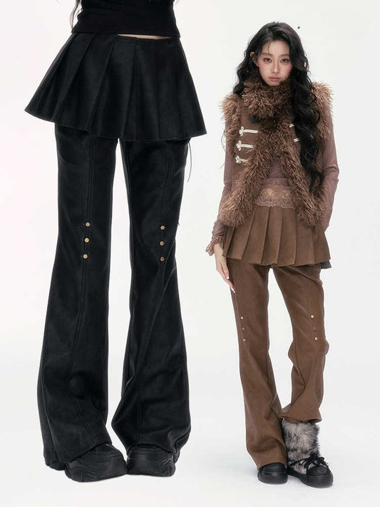 24olvides - Faux Suede Flare Pants with Removable Pleated Overskirt (Black / Brown)