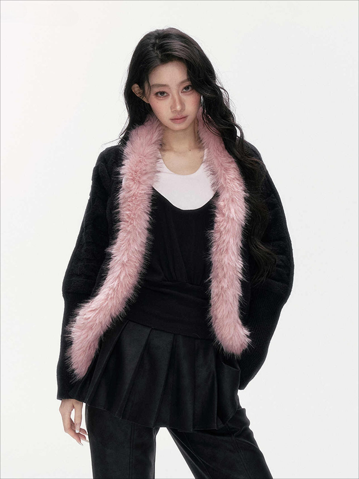 24olvides - Black Pink Cable Knit Cardigan with Detachable Faux Fur Collar