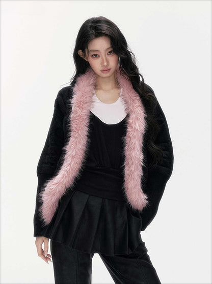 24olvides - Black Pink Cable Knit Cardigan with Detachable Faux Fur Collar