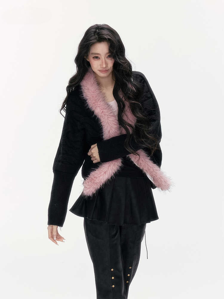 24olvides - Black Pink Cable Knit Cardigan with Detachable Faux Fur Collar