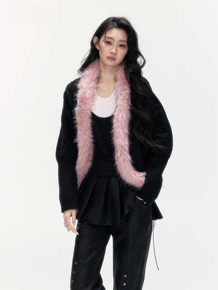 24olvides - Black Pink Cable Knit Cardigan with Detachable Faux Fur Collar