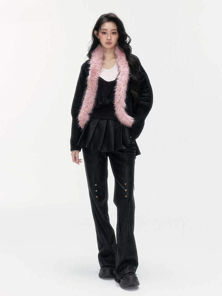 24olvides - Black Pink Cable Knit Cardigan with Detachable Faux Fur Collar