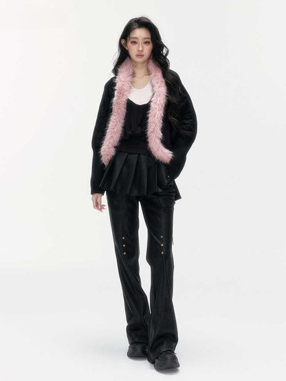 24olvides - Black Pink Cable Knit Cardigan with Detachable Faux Fur Collar