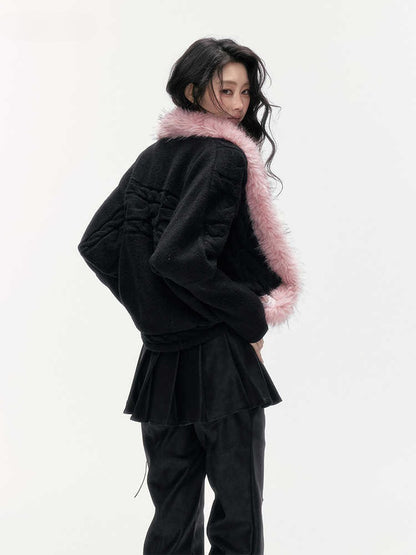 24olvides - Black Pink Cable Knit Cardigan with Detachable Faux Fur Collar