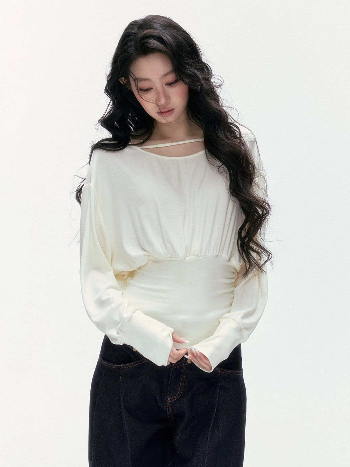 24olvides - Boat Neck Long Sleeve Top with Lace Open Back (Beige / Black)