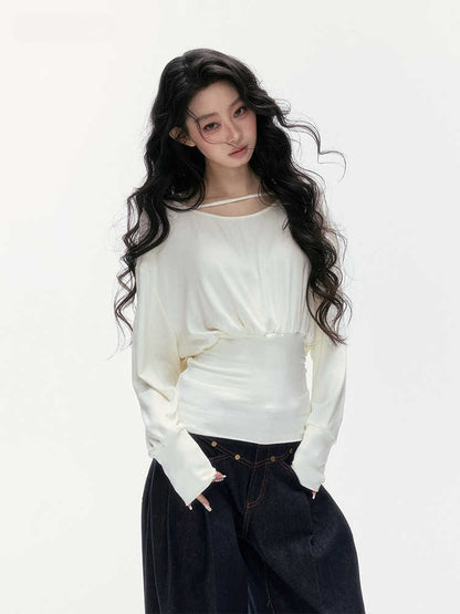 24olvides - Boat Neck Long Sleeve Top with Lace Open Back (Beige / Black)
