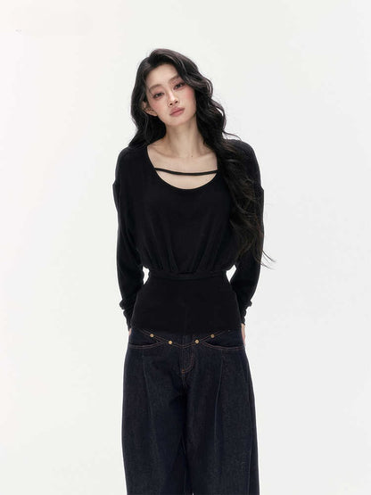 24olvides - Boat Neck Long Sleeve Top with Lace Open Back (Beige / Black)