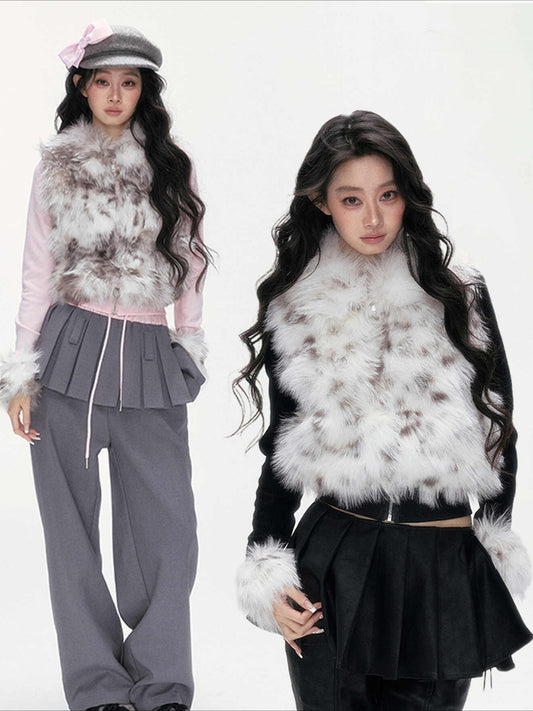 24olvides - Colorblock Faux Fur Jacket with Knit Sleeves