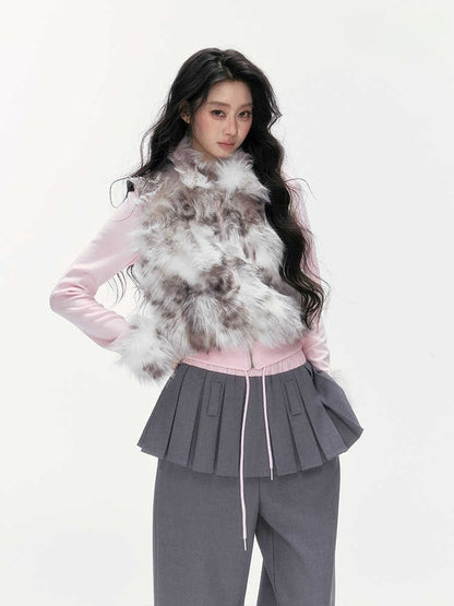 24olvides - Colorblock Faux Fur Jacket with Knit Sleeves
