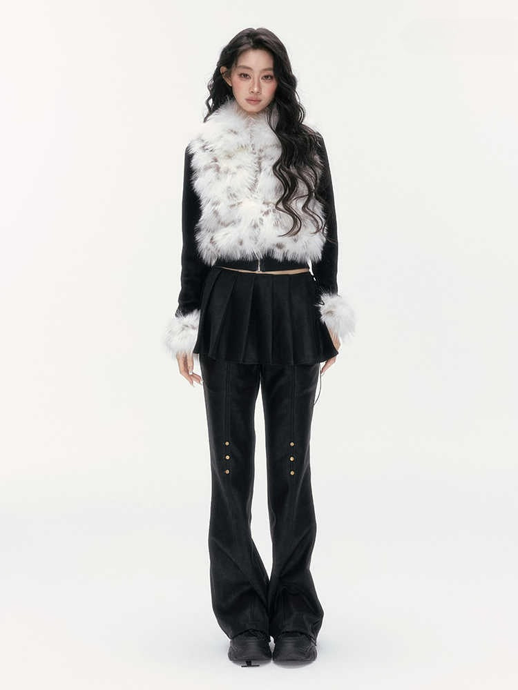 24olvides - Colorblock Faux Fur Jacket with Knit Sleeves