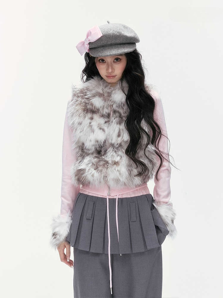 24olvides - Colorblock Faux Fur Jacket with Knit Sleeves