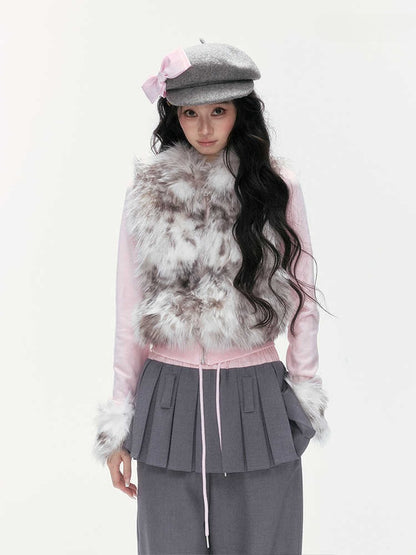 24olvides - Colorblock Faux Fur Jacket with Knit Sleeves