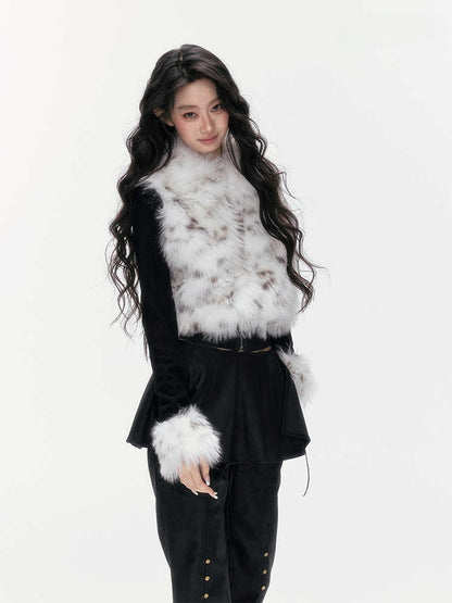 24olvides - Colorblock Faux Fur Jacket with Knit Sleeves