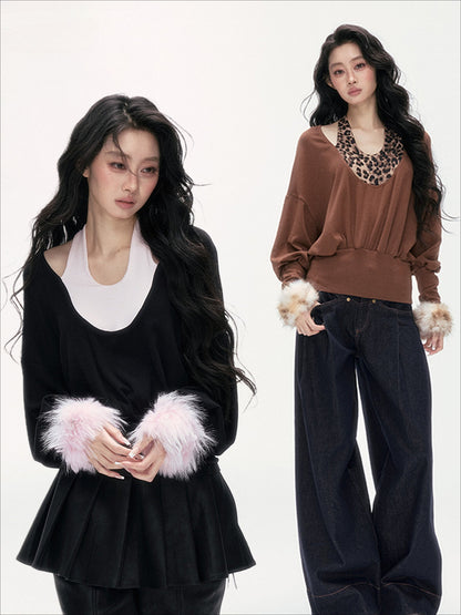 24olvides - Layered-Look U-Neck Sweater with Detachable Faux Fur Cuffs