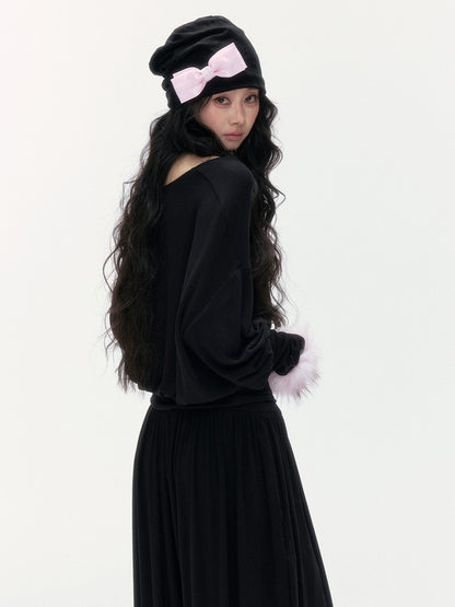 24olvides - Layered-Look U-Neck Sweater with Detachable Faux Fur Cuffs