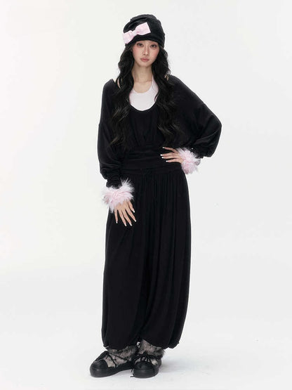 24olvides - Layered-Look U-Neck Sweater with Detachable Faux Fur Cuffs