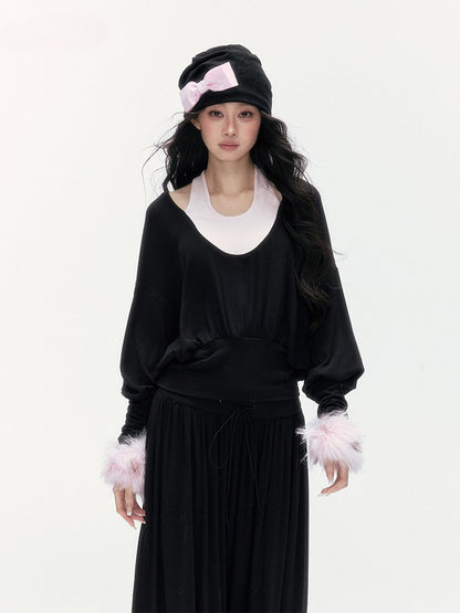 24olvides - Layered-Look U-Neck Sweater with Detachable Faux Fur Cuffs