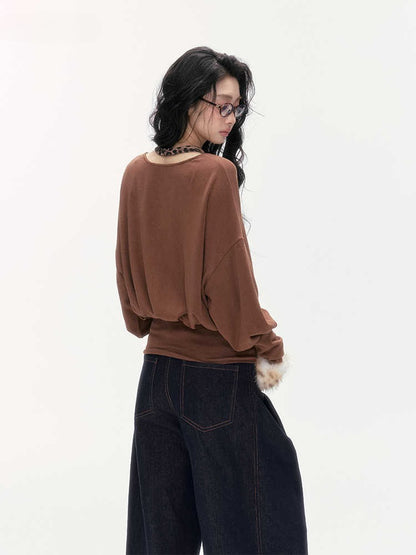 24olvides - Layered-Look U-Neck Sweater with Detachable Faux Fur Cuffs