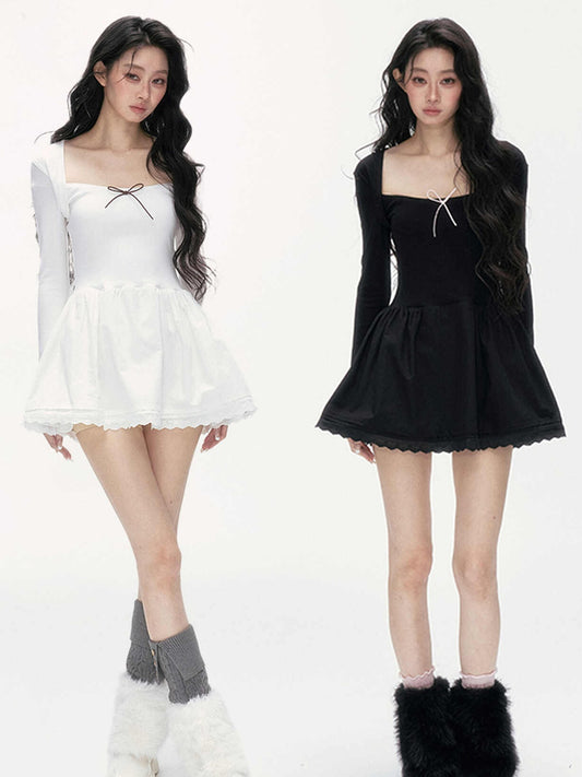 24olvides - Fitted Two-Tone Look Dress with Lace Hem and Bow Detail