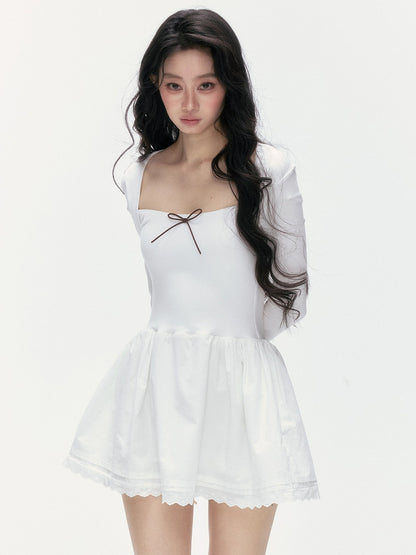 24olvides - Fitted Two-Tone Look Dress with Lace Hem and Bow Detail