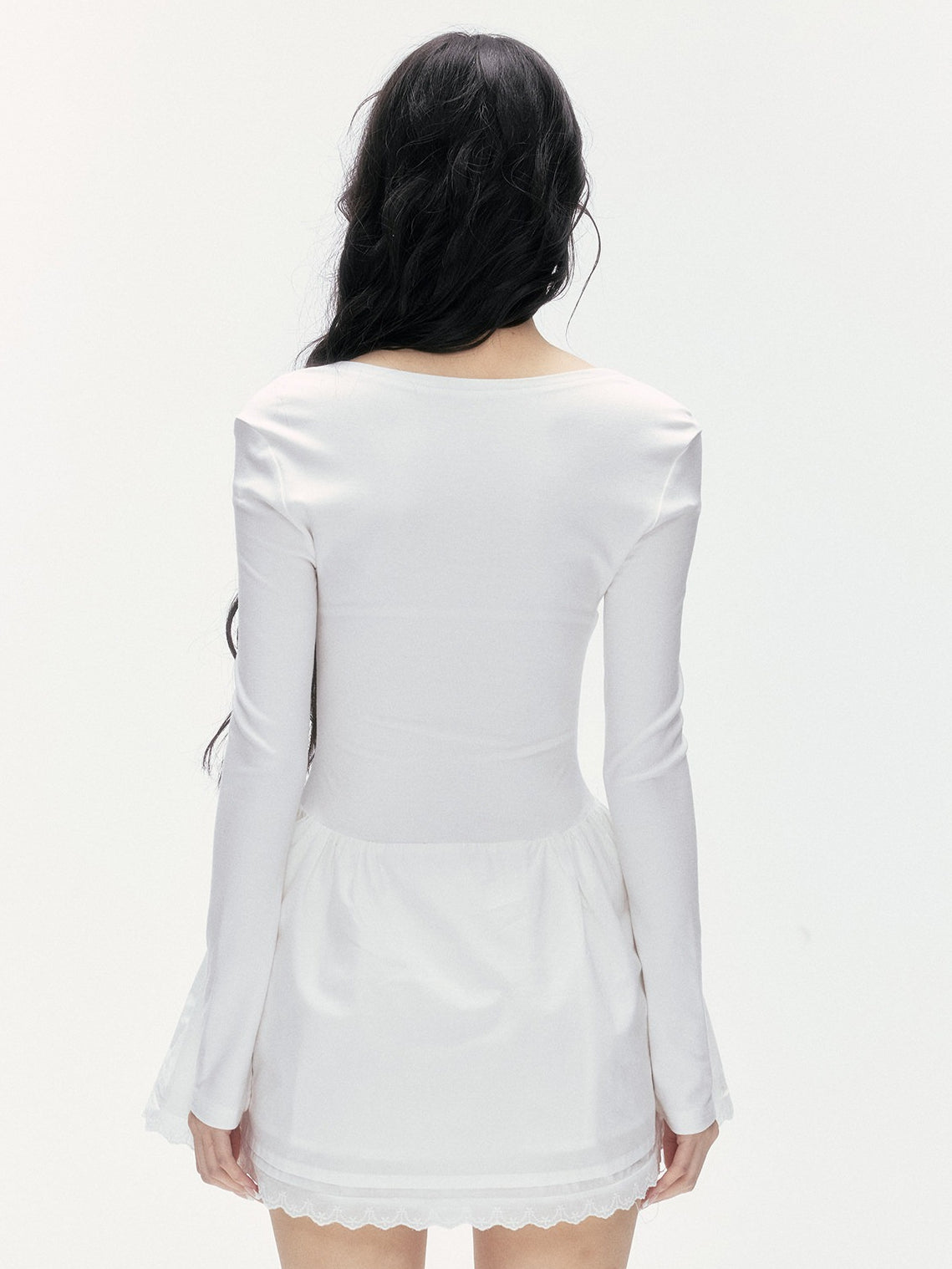 24olvides - Fitted Two-Tone Look Dress with Lace Hem and Bow Detail