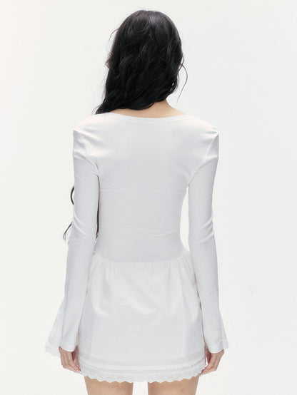 24olvides - Fitted Two-Tone Look Dress with Lace Hem and Bow Detail
