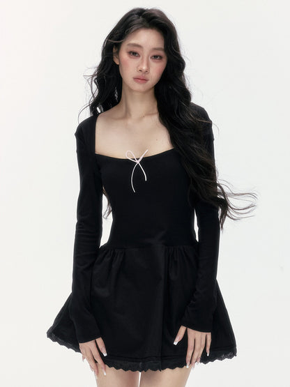 24olvides - Fitted Two-Tone Look Dress with Lace Hem and Bow Detail